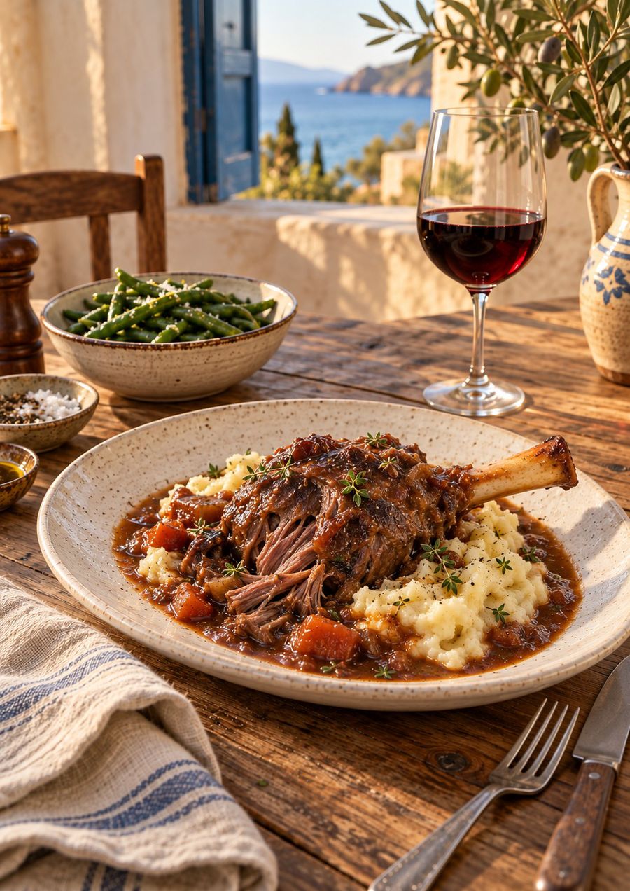 Lamb Shanks in Red Wine Sauce, AI-generated photo from the book