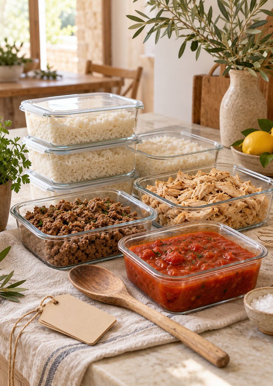 Containers of prepped rice, shredded chicken, mince and tomato sauce on a wooden table