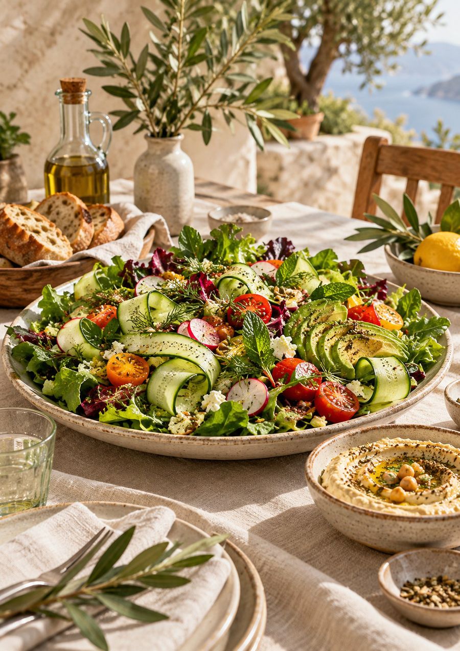 A big salad on a table by an open window with a sea view
