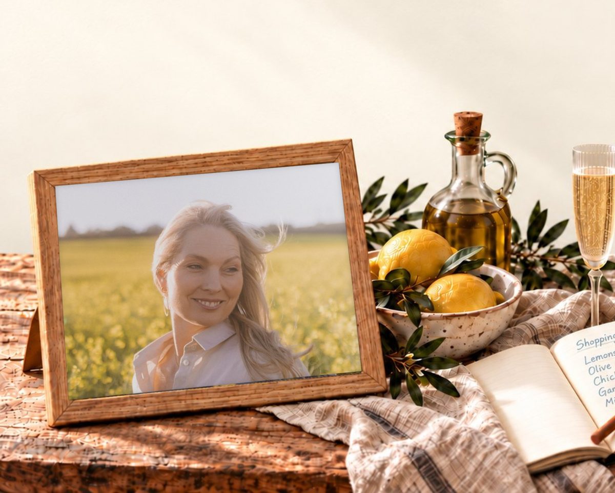 A framed photo of Michelle on a rustic kitchen table with lemons, olive branches and a linen tea towel