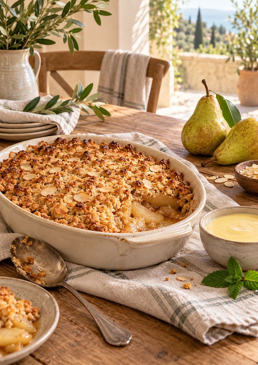 A crumble on a sunny table with pears