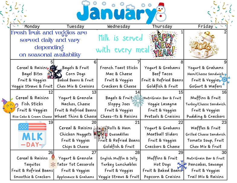 Picture of January's menu, please visit the preschool office for a comprehensive overview of the meals for each day.