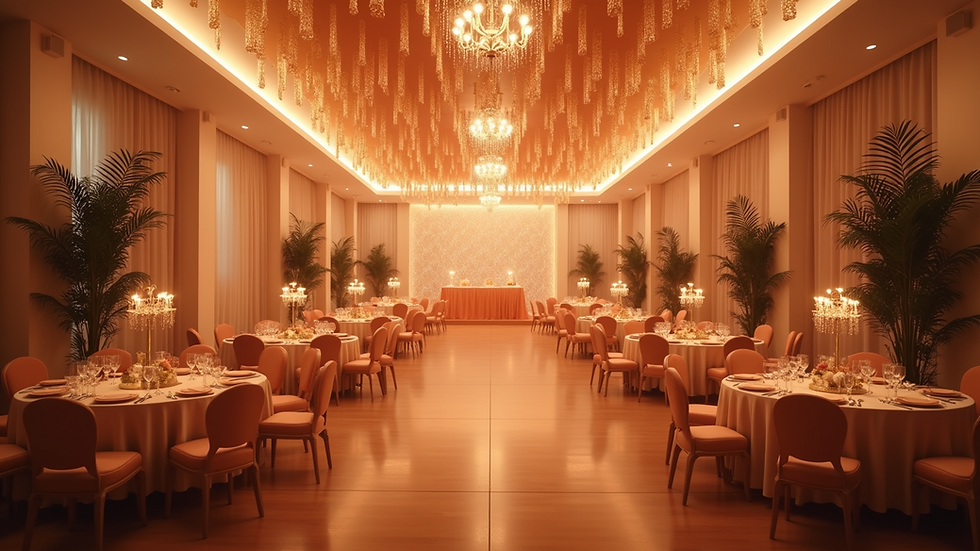 Wide angle view of a beautifully decorated party venue