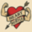 An American Traditional tattoo style heart with muscle arms that reads "Heart & Hustle"