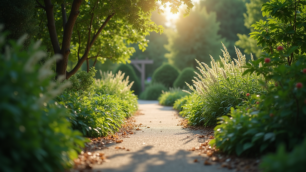 High angle view of a peaceful garden path surrounded by greenery