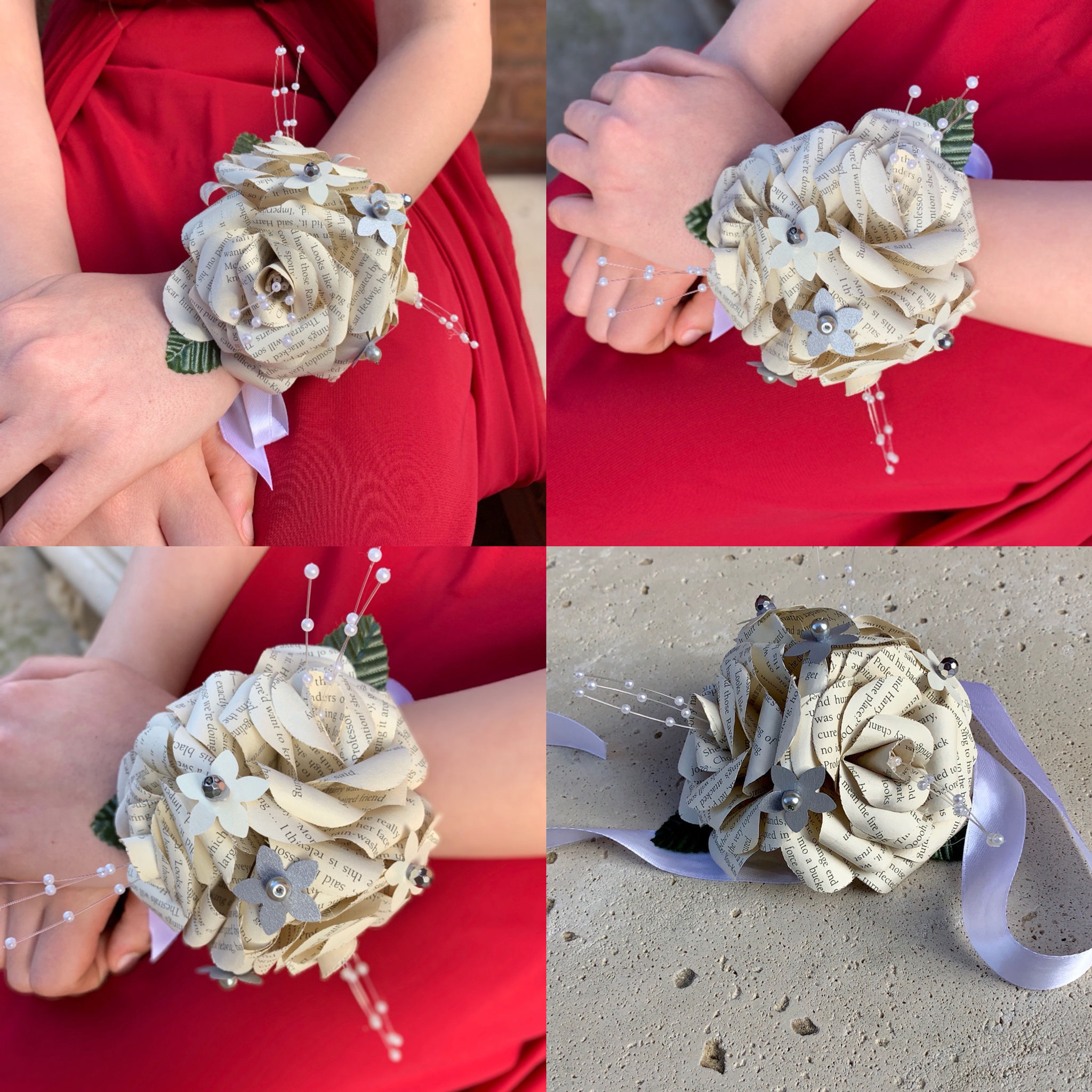 Book Page / colour Rose Paper Flower Wrist Corsage: