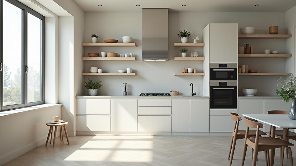 Wide angle view of a pristine kitchen with organized storage and no visible clutter