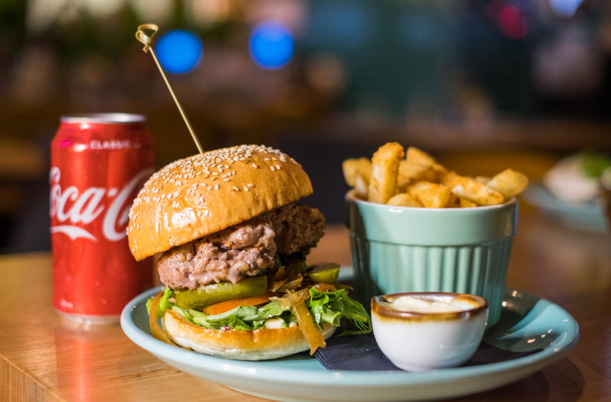 Juicy burger, fries, Coca-Cola, Food photography