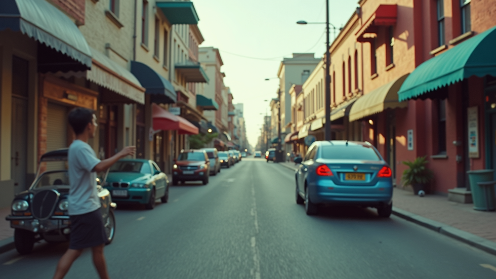 Wide angle view of a vibrant urban landscape during a music video shoot
