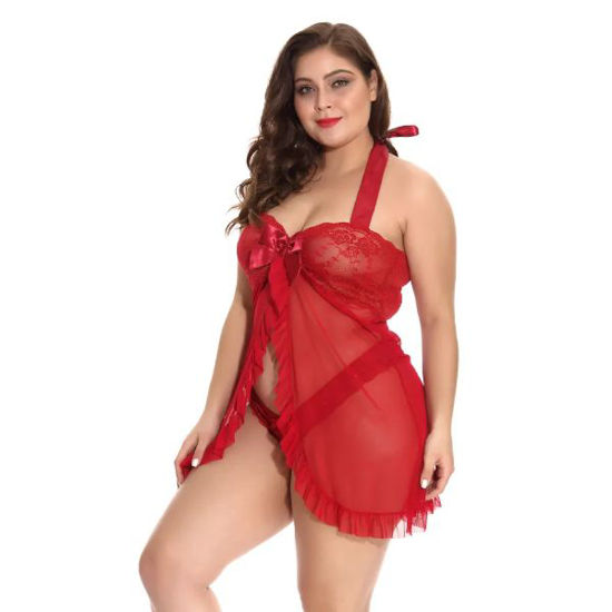 Miniaturbild: Red lace and silk nightdress set with thong.