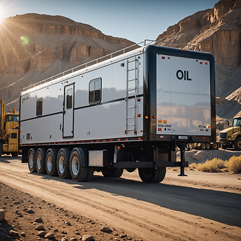 Silver oil truck with multiple wheels parked on a dirt road in a desert landscape. Sunlight highlights rocky cliffs in the background.