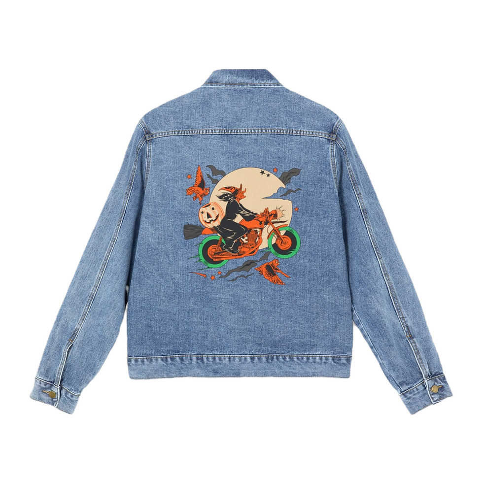 Ride Witch Ride! On her nightly ride through the Fall sky, this classic men's denim jacket gives us all the vintage Halloween