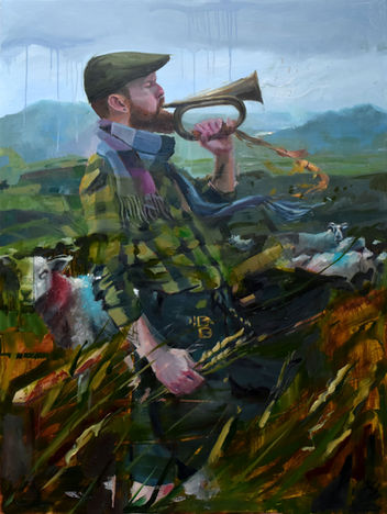 A painting depicting a man playing a trumpet in a vibrant green field under a clear blue sky. by Riley Waite