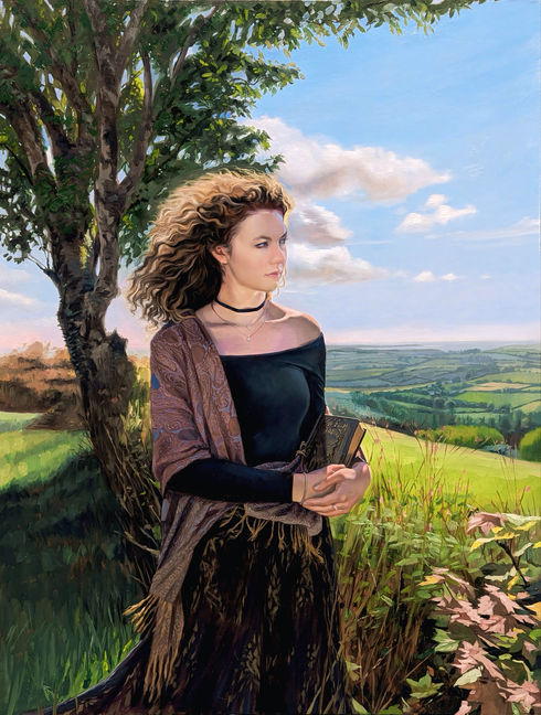 A painting of a woman in a field, standing and holding a book, surrounded by tall grass and wildflowers ireland sea oil on canvas 2025 by Riley Waite