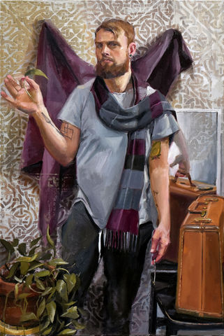 A painting depicting a man wearing a scarf, holding a suitcase, set against a muted background. oil painting on canvas with celtic print by Riley Waite