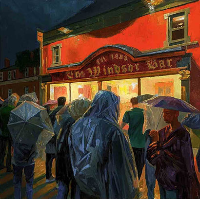 A painting of people standing under umbrellas in the rain outside a store, capturing a moment of urban life. outside a pub in the rain ireland oil painting by artist Riley Waite
