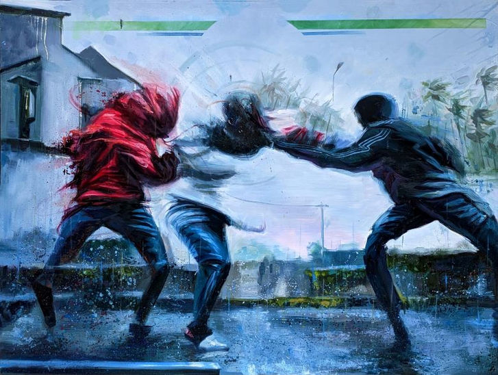 A painting depicting three men engaged in a fierce fight amidst pouring rain. oil painting by Riley Waite