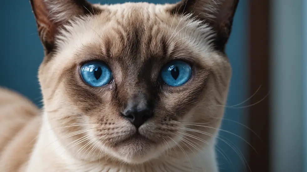Eye-level view of a Siamese cat with striking blue eyes