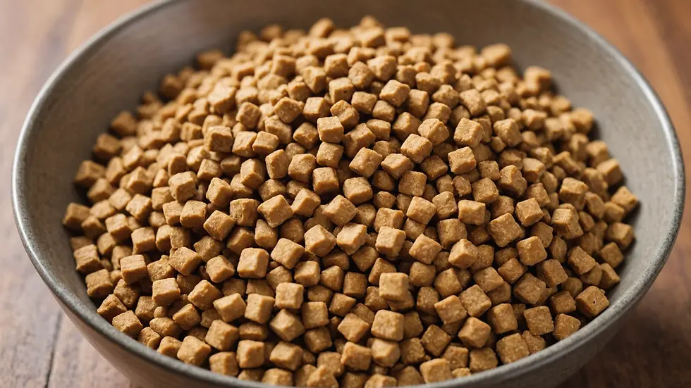 Close-up view of a bowl filled with kibble for senior cats