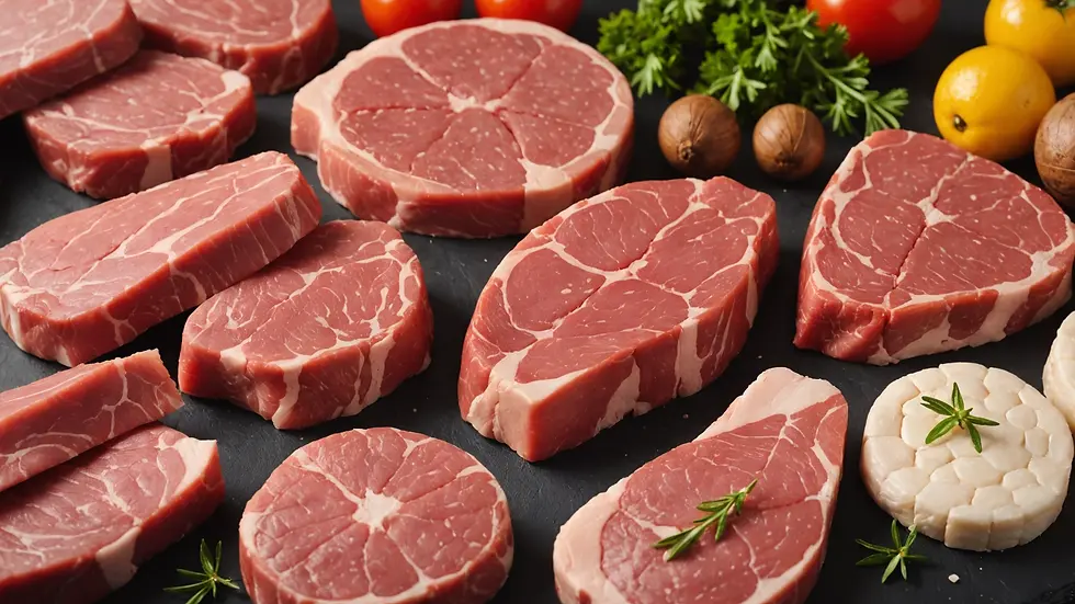 Close-up view of a selection of raw meats for pet diets
