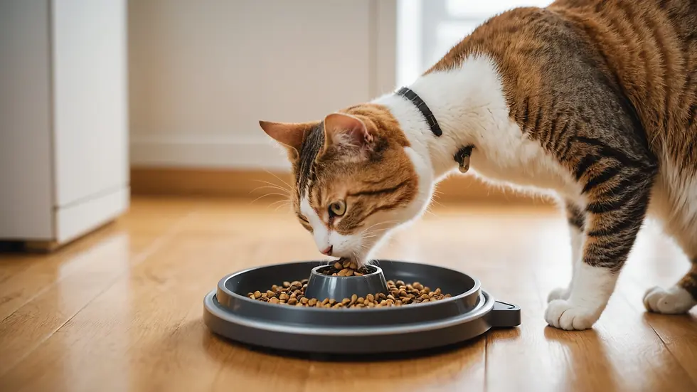 Eye-level view of a content cat eating from an automatic feeder