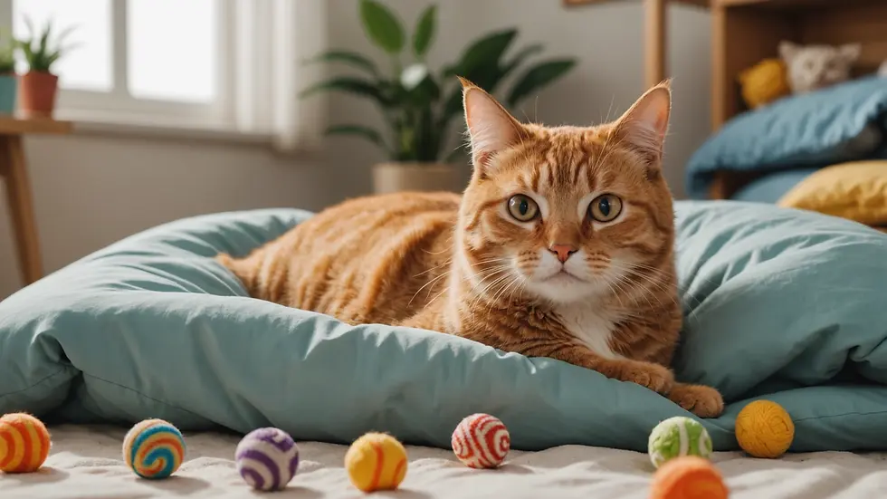 Eye-level view of a cozy cat space with bedding and toys