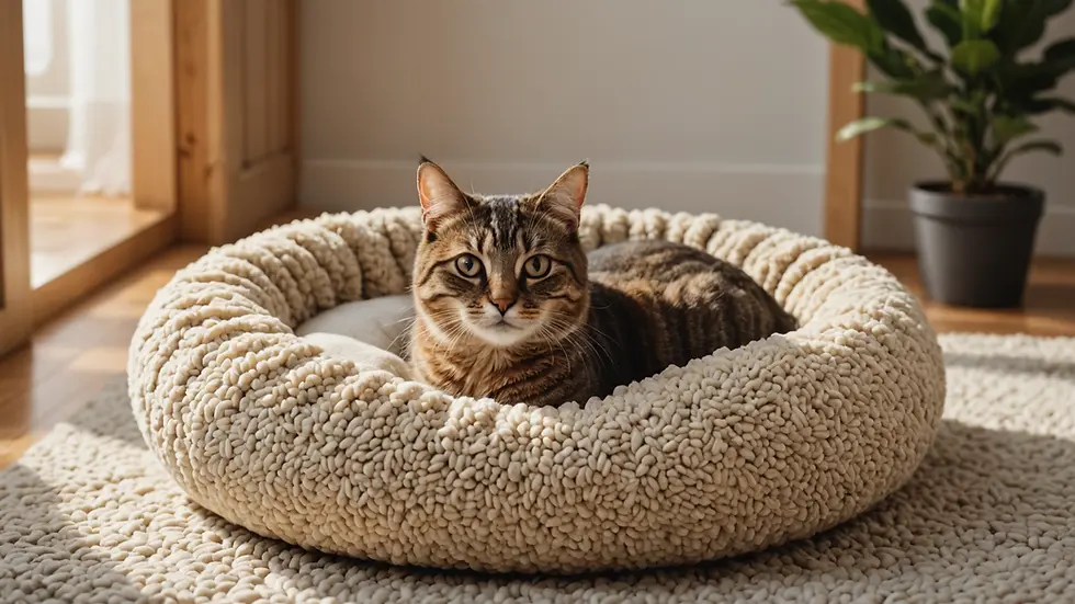 Eye-level view of a cozy cat bed in a new environment