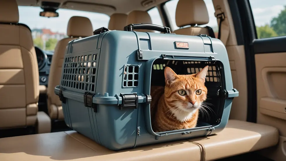 Eye-level view of a cat carrier designed for safe transport during an emergency