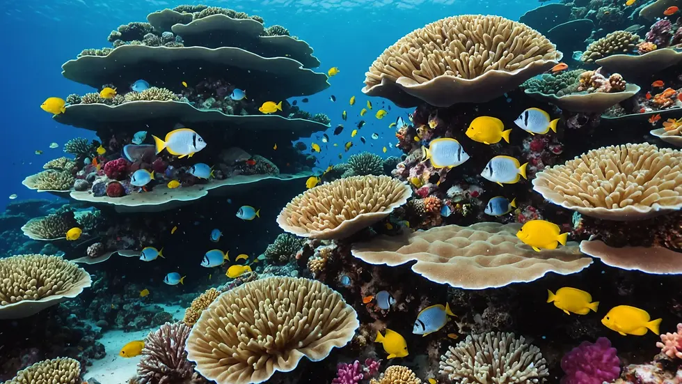 Close-up view of a vibrant reef with schooling fish surrounding corals