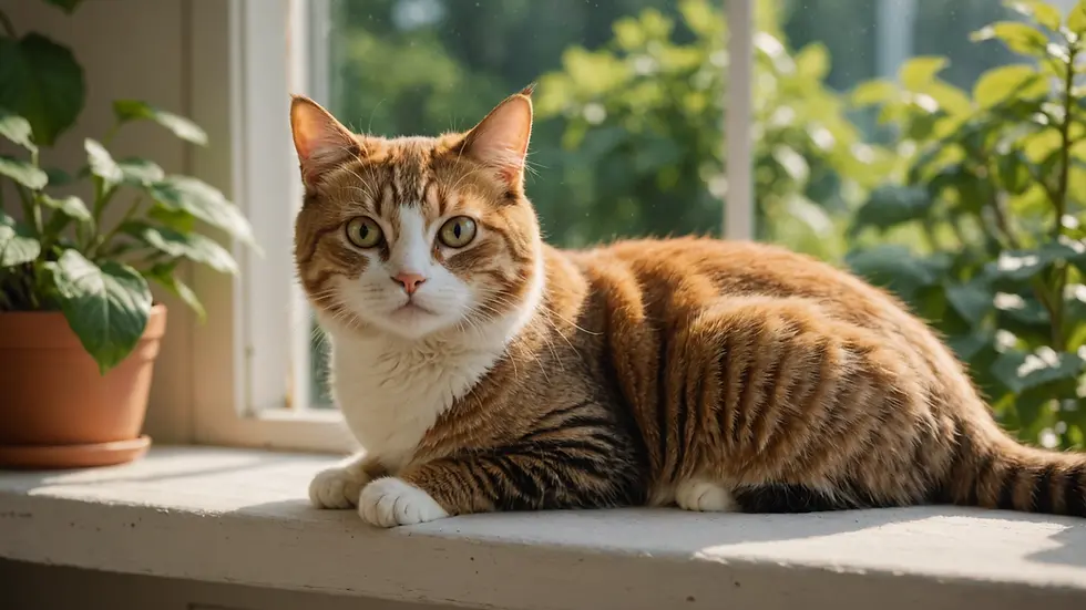 Eye-level view of a cat perched on a cozy window perch overlooking a garden
