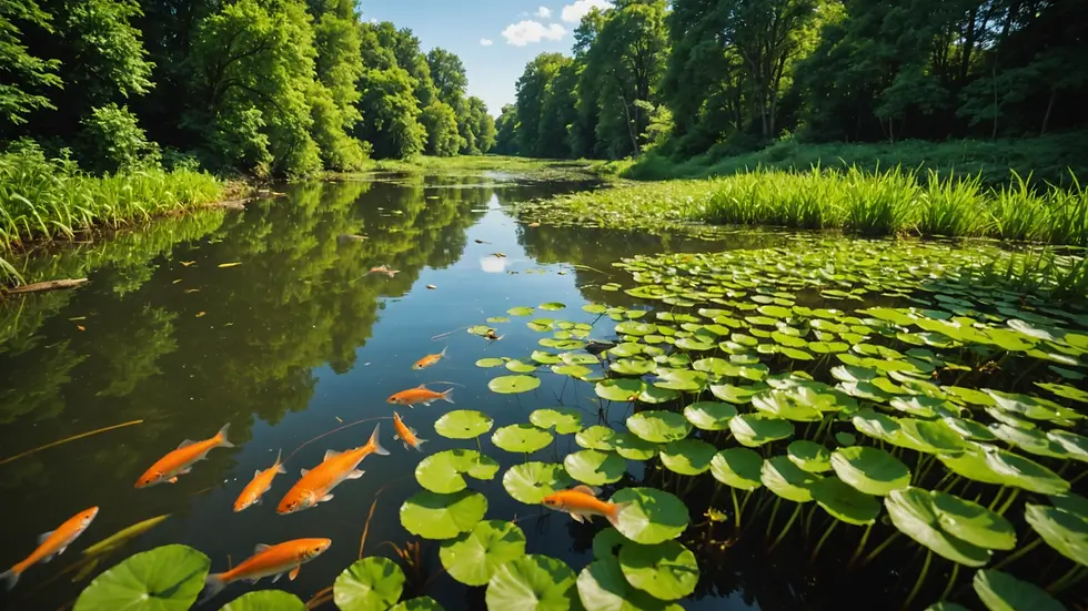 Eye-level view of a river teeming with fish and aquatic plants