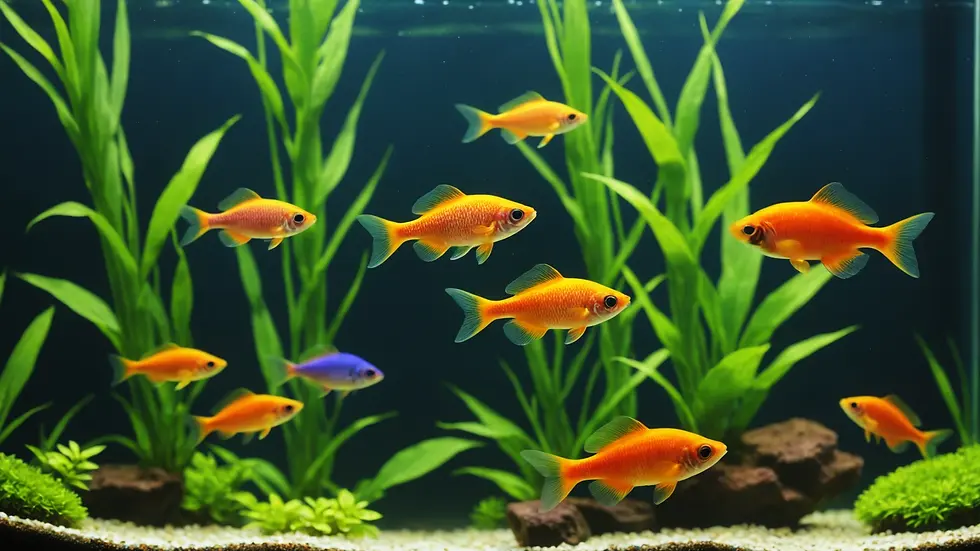 Eye-level view of colorful Rasboras swimming in a planted aquarium