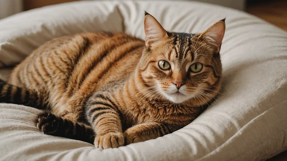 High angle view of a senior cat resting on a comfortable bed