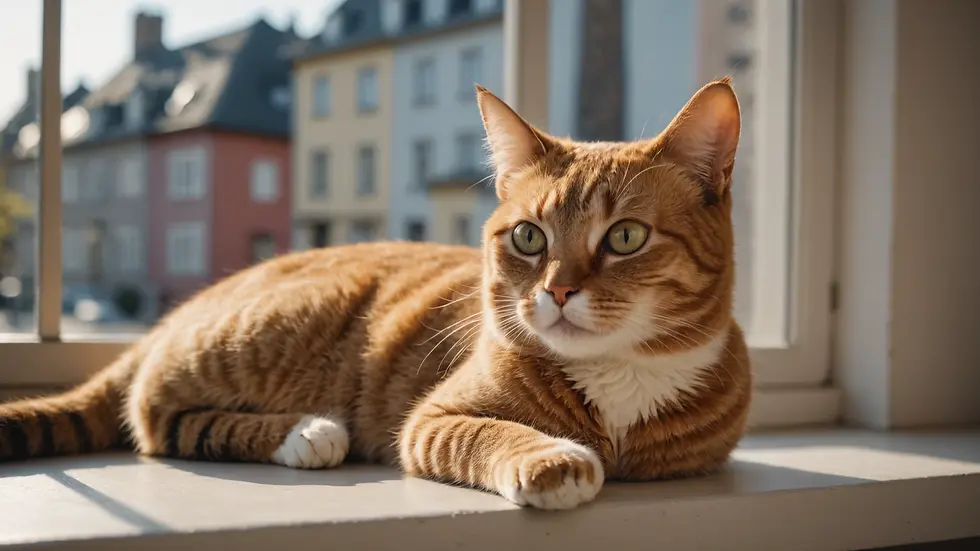 Eye-level view of a cat relaxing on a windowsill
