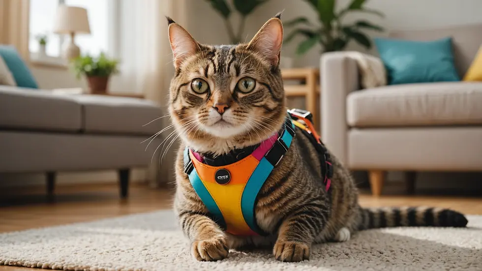 Eye-level view of a cat wearing a colorful harness in a living room