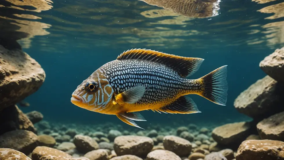 Eye-level view of a cichlid swimming near rocks