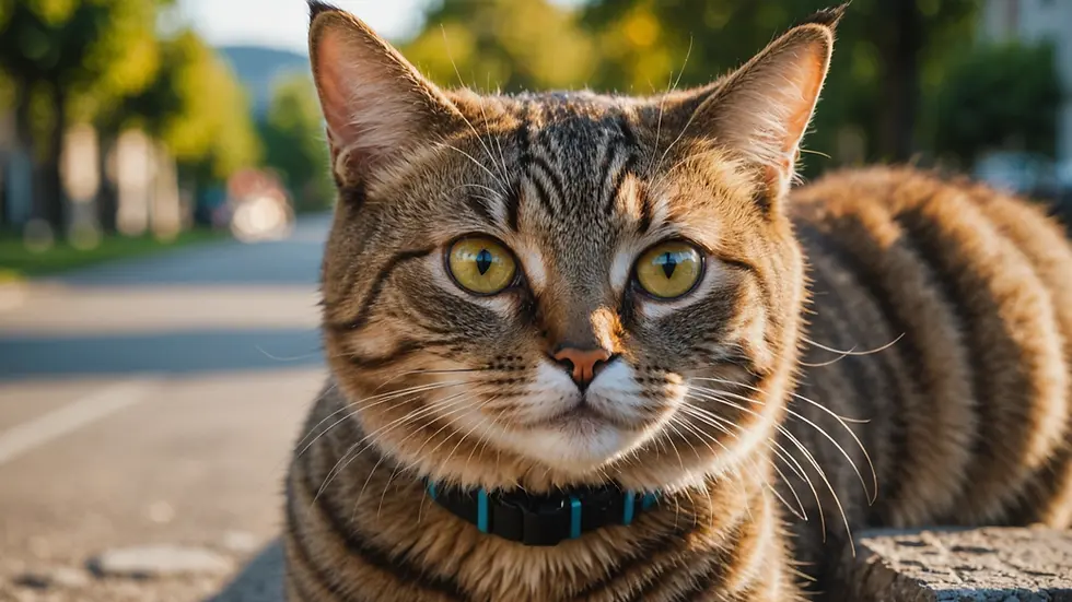 Eye-level view of a cat wearing a GPS tracking collar