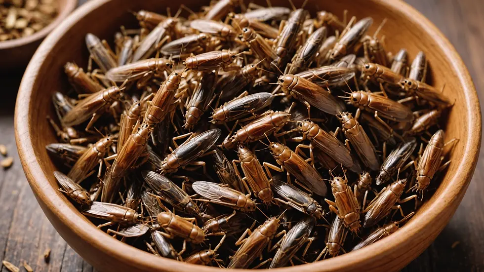 Eye-level view of dried crickets in a wooden bowl