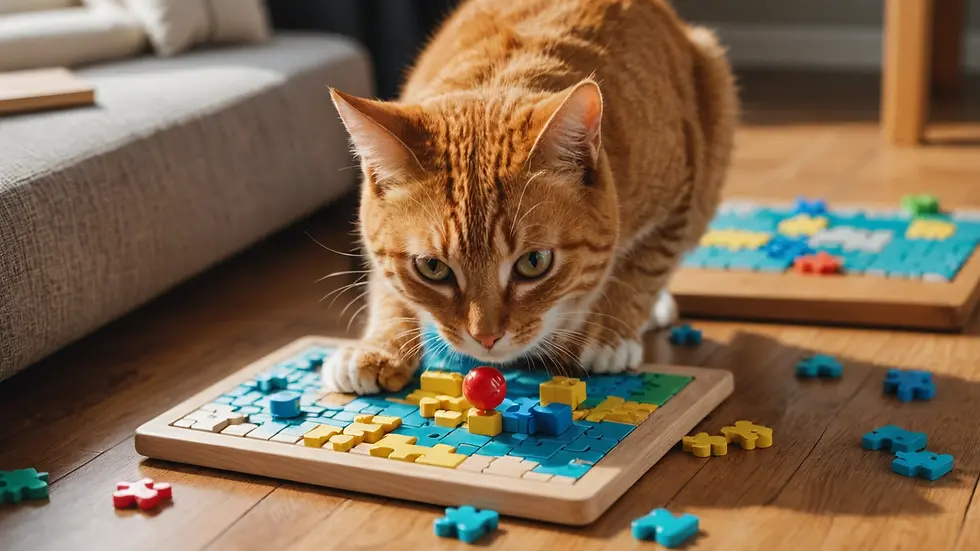 High angle view of a cat exploring a complex puzzle toy