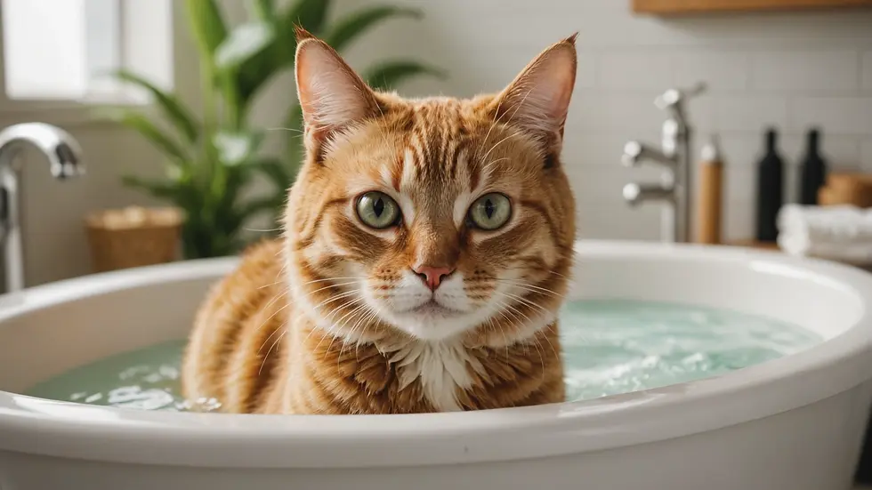 Eye-level view of a cat enjoying a gentle bath in a clean bathtub