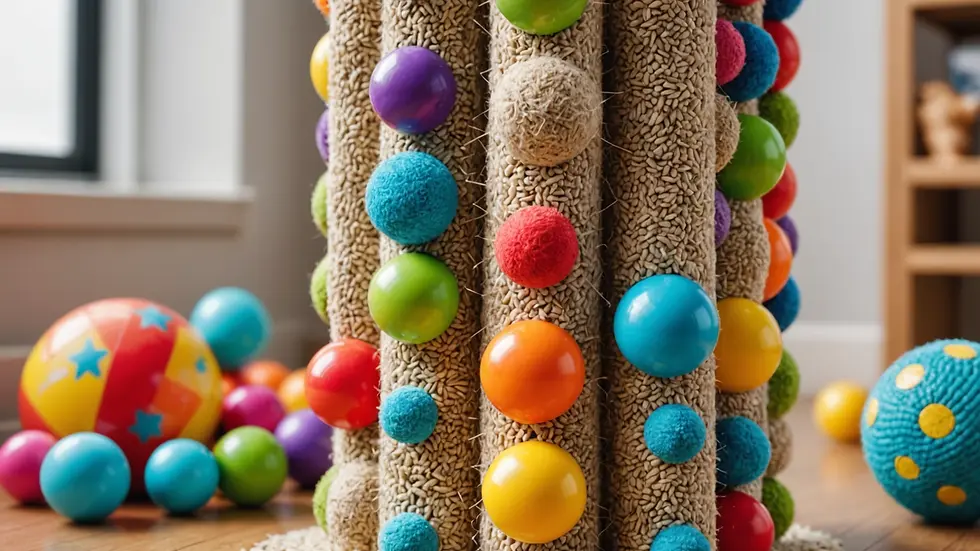 Close-up view of a scratching post with colorful toys