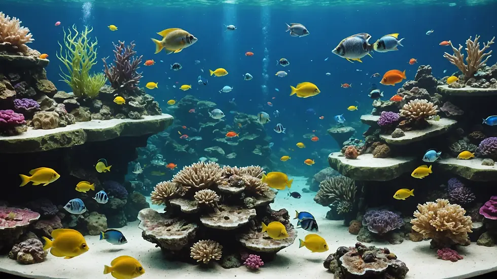 High angle view of a community aquarium with various colorful fish