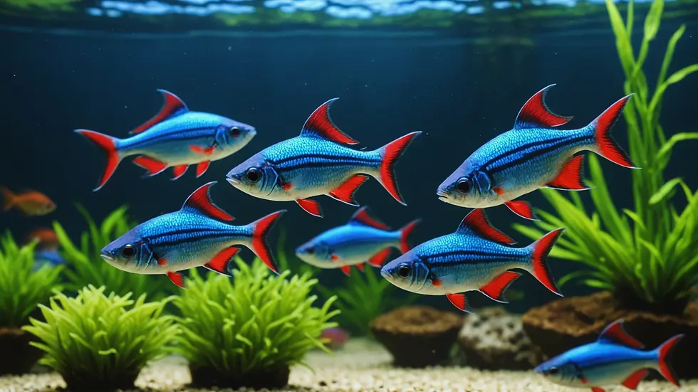 Wide-angle view of a school of Neon Tetras swimming gracefully in an aquarium
