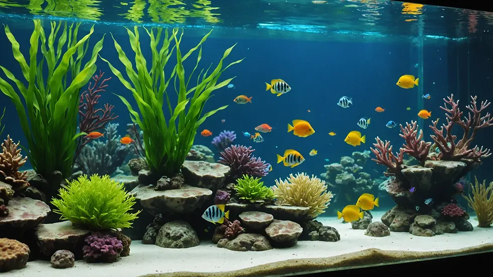 Eye-level view of an aquarium displaying a variety of plants and colorful fish