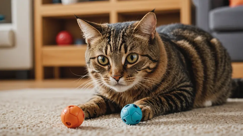 Eye-level view of a playful cat engaging with a secure toy