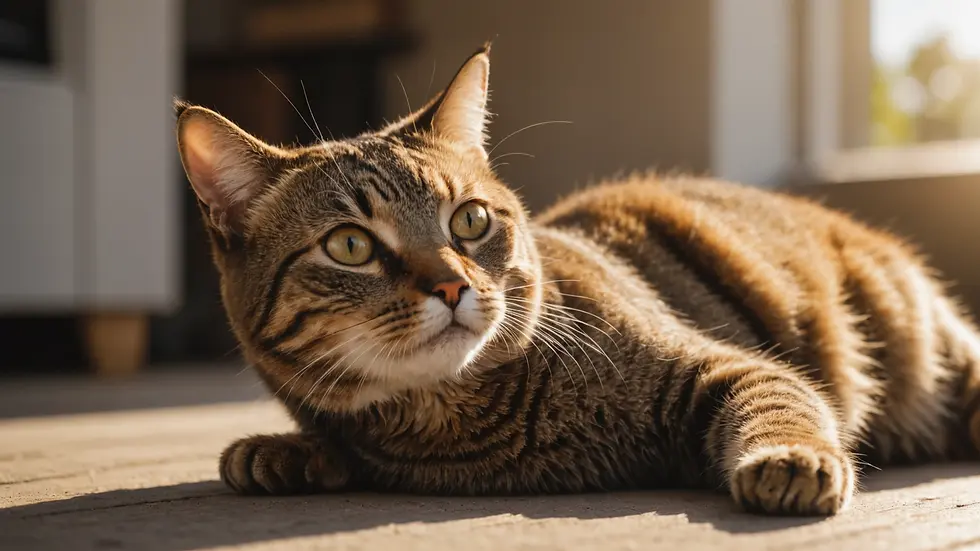 Close-up view of a cat stretching in a sunbeam
