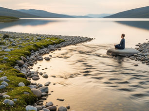 A person meditating in silence on a rocky lake shore with misty mountains in the background, symbolizing inner peace and balance.