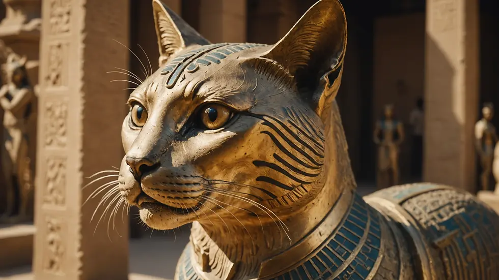 Eye level view of a majestic ancient Egyptian statue of a cat