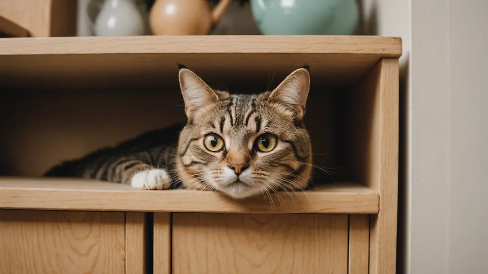 Eye-level view of a cat hiding behind a piece of furniture