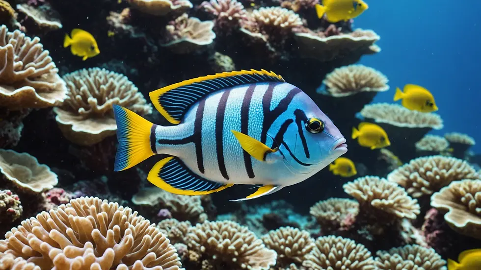 Close-up view of a colorful reef fish swimming near the coral